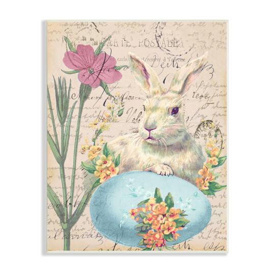 Stupell Industries Easter Bunny Spring Blue Egg Vintage Postal Script Wall Plaque